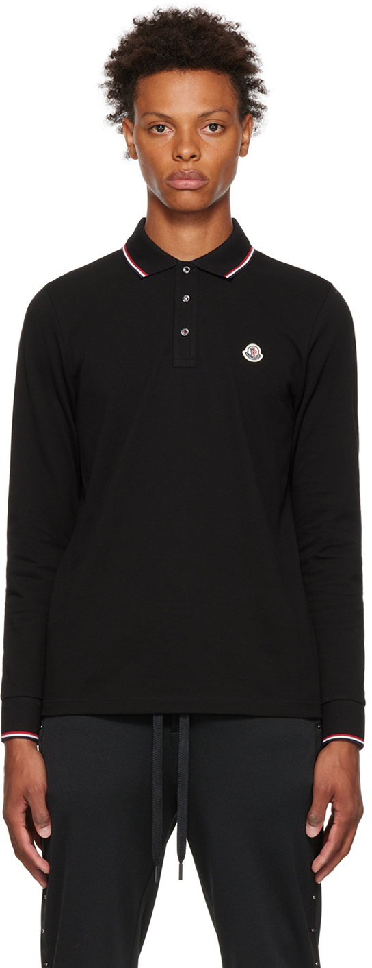 Черная хлопковая футболка-поло с длинным рукавом Moncler