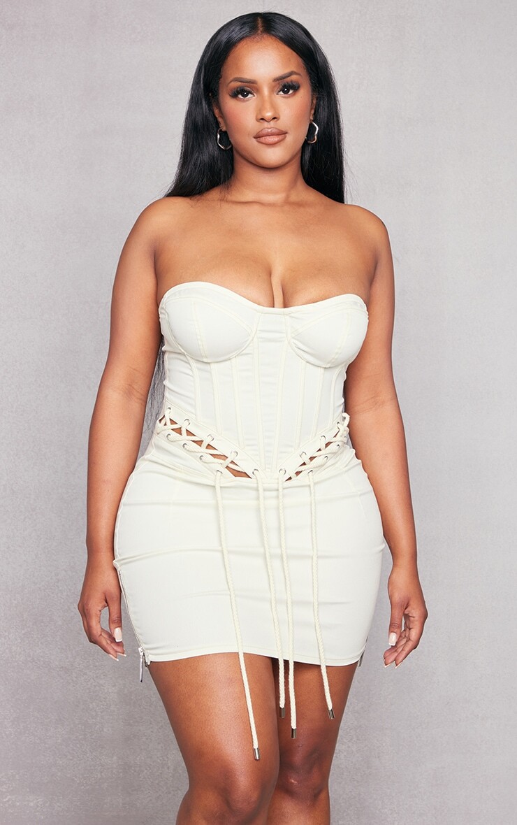 

PrettyLittleThing Кремовый джинсовый вид, веревочная деталь, корсет со шнуровкой, облегающее платье