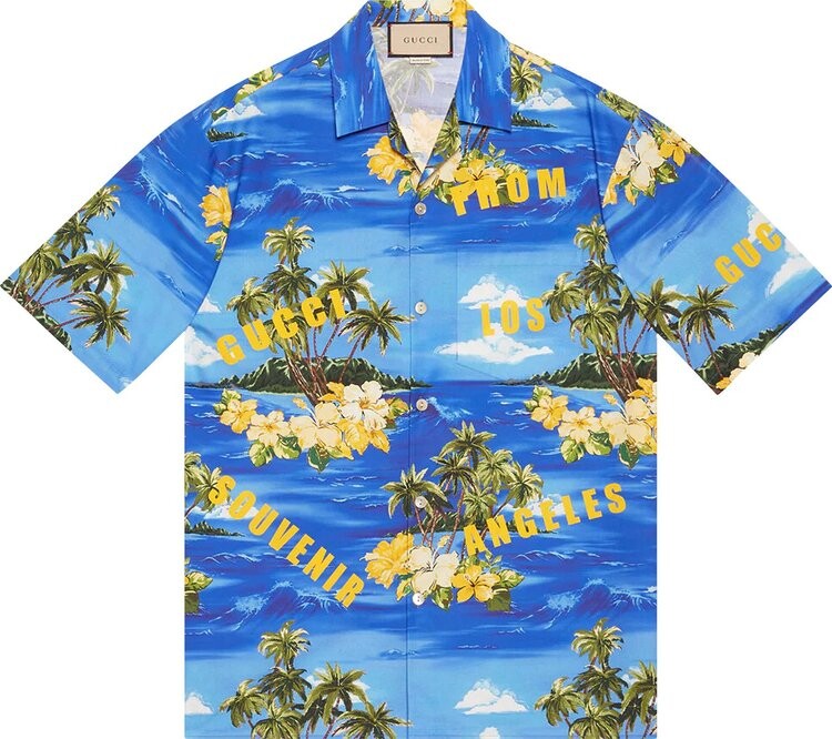 

Рубашка Gucci Printed Cotton Poplin Bowling Shirt Blue/Green/Yellow, синий
