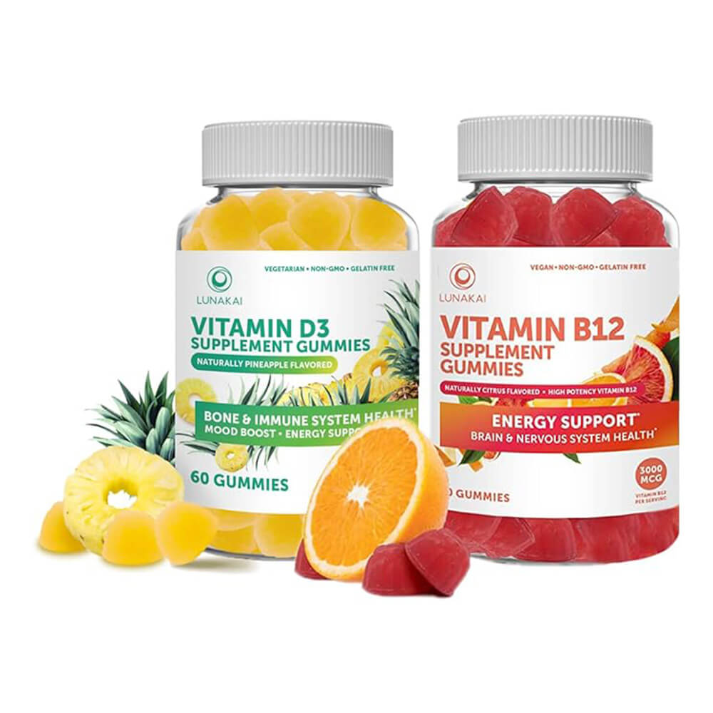 Витамины для детей и взрослых Vitamin D3 and Vitamin B12 Gummies Bundle, (60 жевательных конфет в одной баночке) жевательные конфеты dietworks с яблочным уксусом и вкусом яблока 60 жевательных конфет