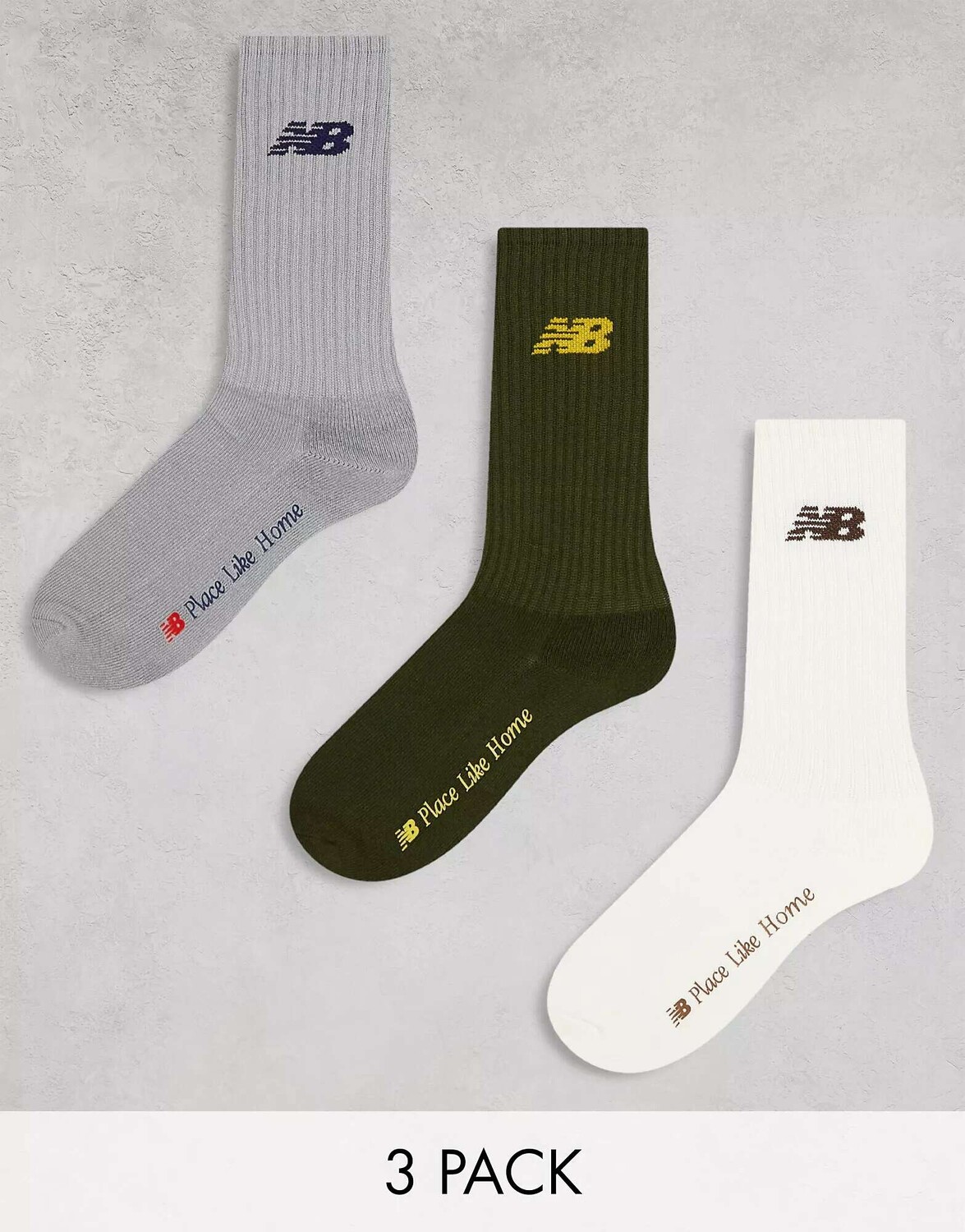 

New Balance NB Place Like Home, 3 пары носков белого, серого и хаки цвета