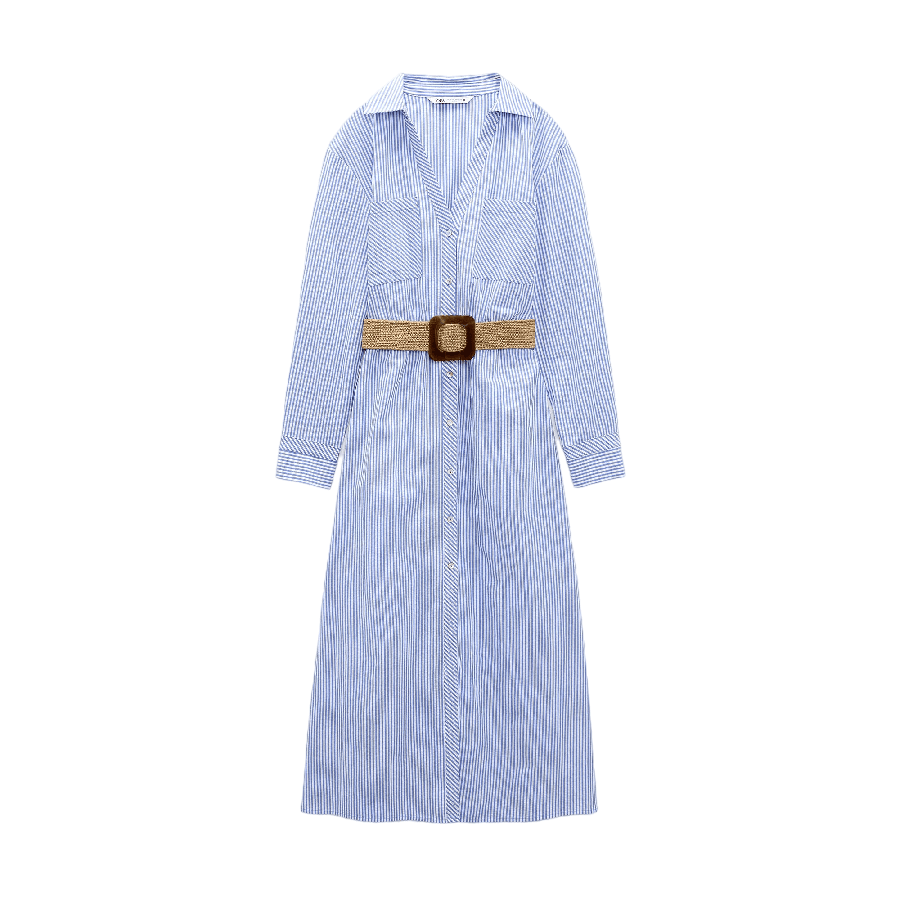 Платье Zara Striped Midi With Belt, синий/белый