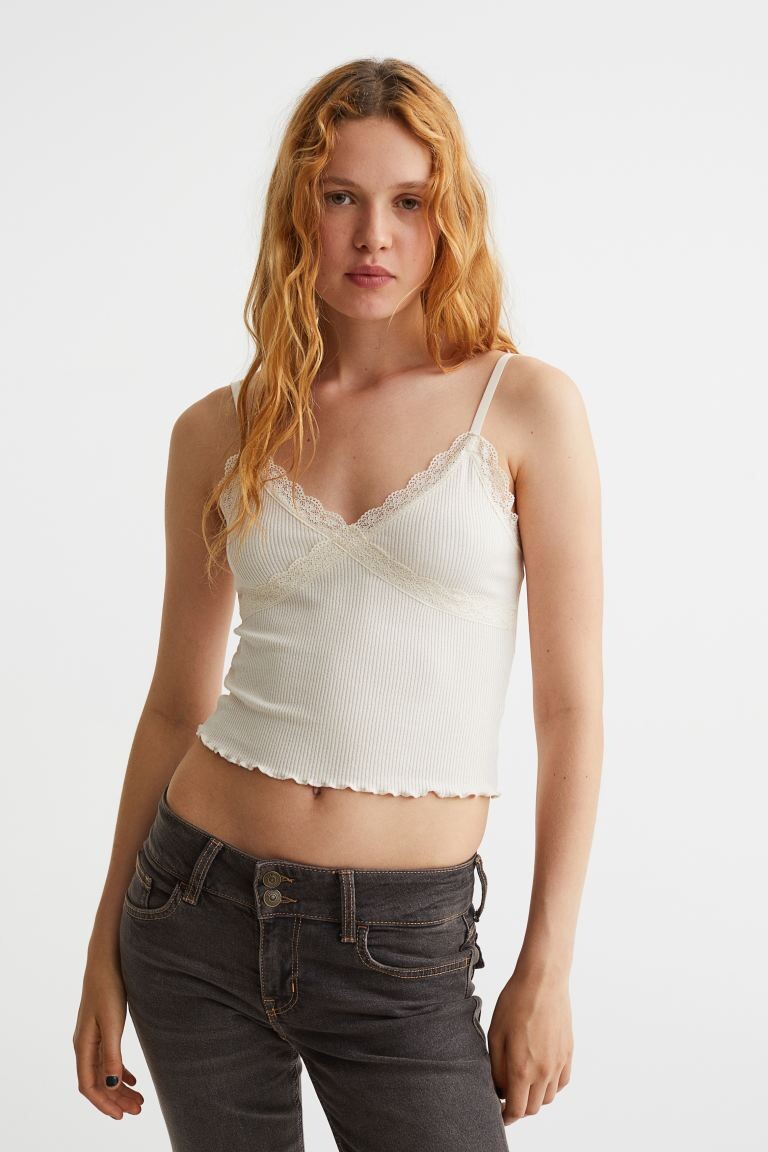 

Топ в рубчик с кружевом H&M, сливочный