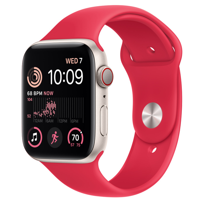 Умные часы Apple Watch Series SE Gen 2 (GPS + Cellular), 44 мм, Starlight Aluminum Case/(PRODUCT)RED Sport Band - M/L умные часы apple watch series se gen 2 40 мм starlight aluminum case product red sport band s m