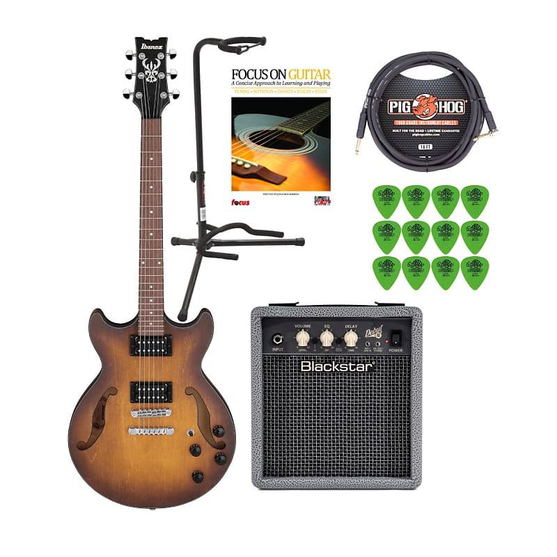 цена Комплект с 6-струнной электрогитарой Ibanez AM Artcore (Tobacco Flat) с усилителем 10E для практики, штативом для гитары (черный), гитарным кабелем (черный), книгой для обучения игре на гитаре и гитарными медиаторами (12 шт. в упаковке)
