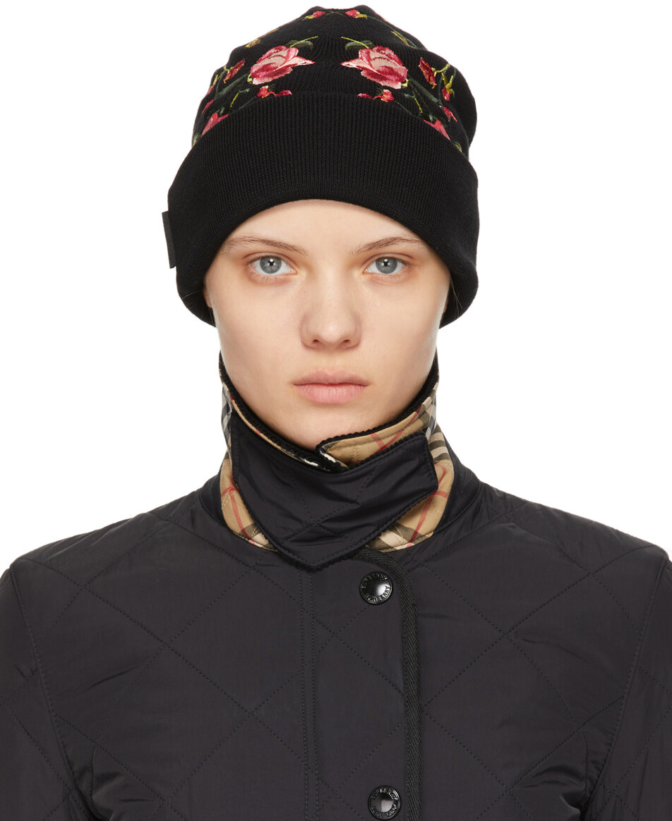 

Черная шапка-бини из шерсти мериноса с вышитой розой Burberry