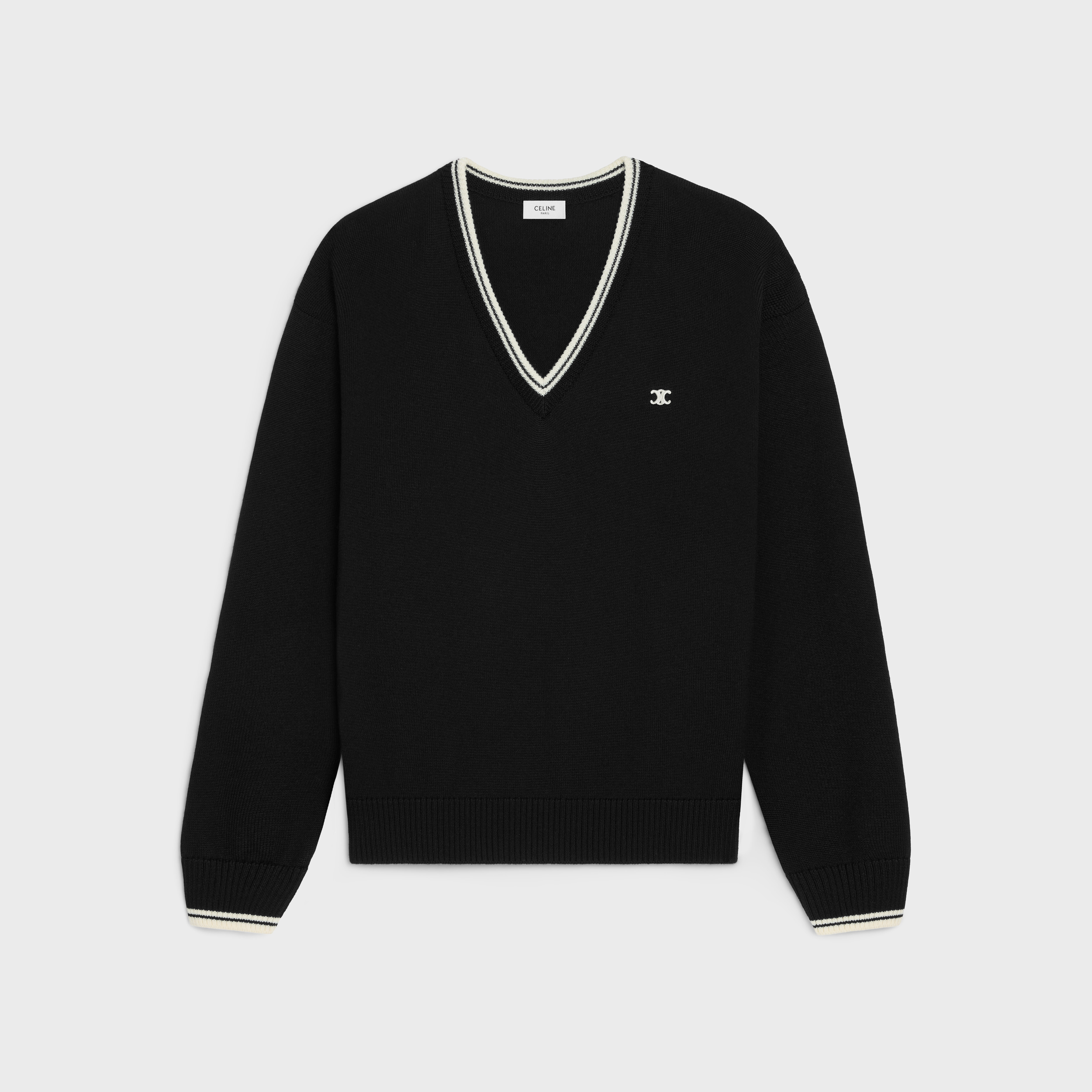 Джемпер CELINE Triomphe V-Neck, черный мужской шерстяной трикотажный пуловер однотонный свитер из 100% чистой австралийской шерсти с длинным рукавом и v образным вырезом зима 2021