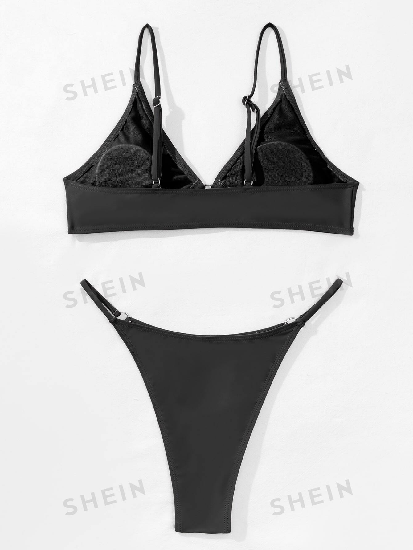 SHEIN Swim Basics Комплект бикини с V-образным вырезом и бретельками, черный