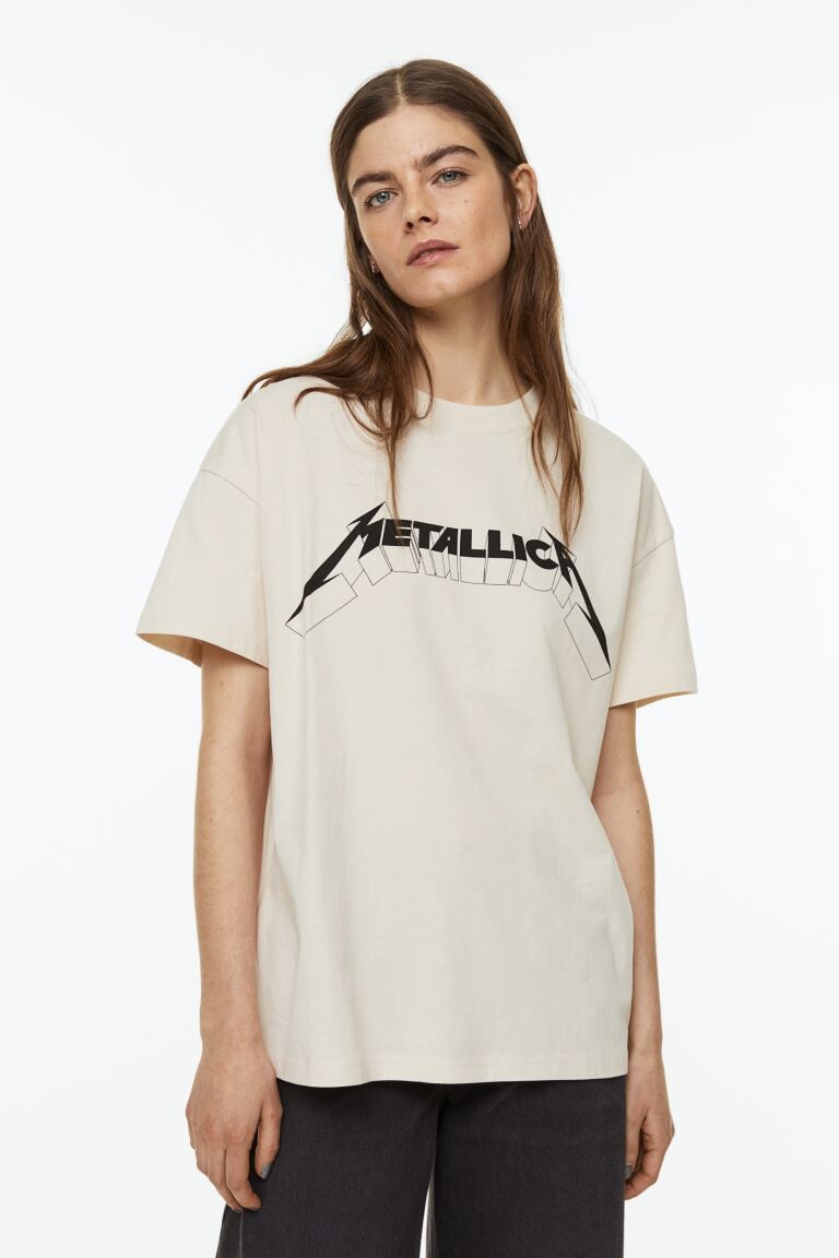 

Футболка оверсайз с принтом H&M, светло-бежевый/металлика