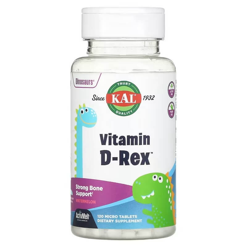 Витамин D-Rex KAL Dinosaurs арбузный вкус, 120 микротаблеток kal dinosaurs activmelt растворимые таблетки с цинком и бузиной ягодное ассорти 90 микротаблеток