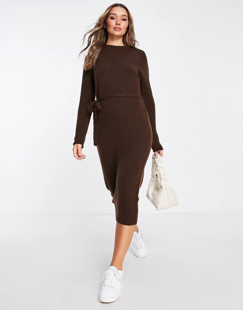 

Коричневое трикотажное платье мини с завязкой на талии ASOS