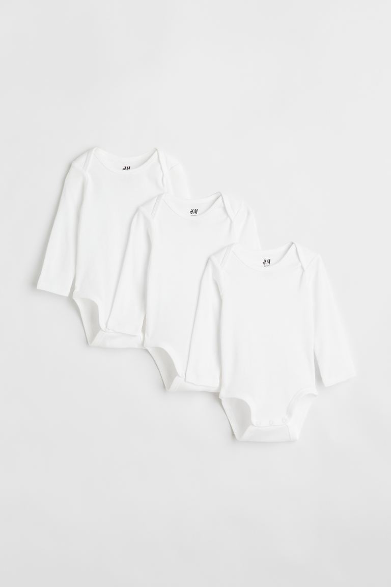 3 комплекта хлопковых боди с длинными рукавами H&M, белый