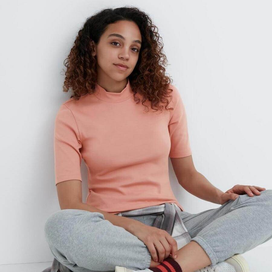 

Футболка с завышенным воротом и удлиненными рукавами Uniqlo Cotton, розовый