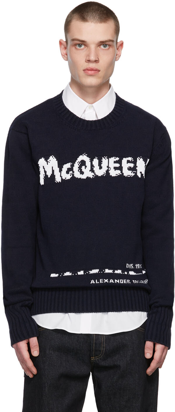 

Темно-синий свитер с круглым вырезом в стиле граффити Alexander McQueen