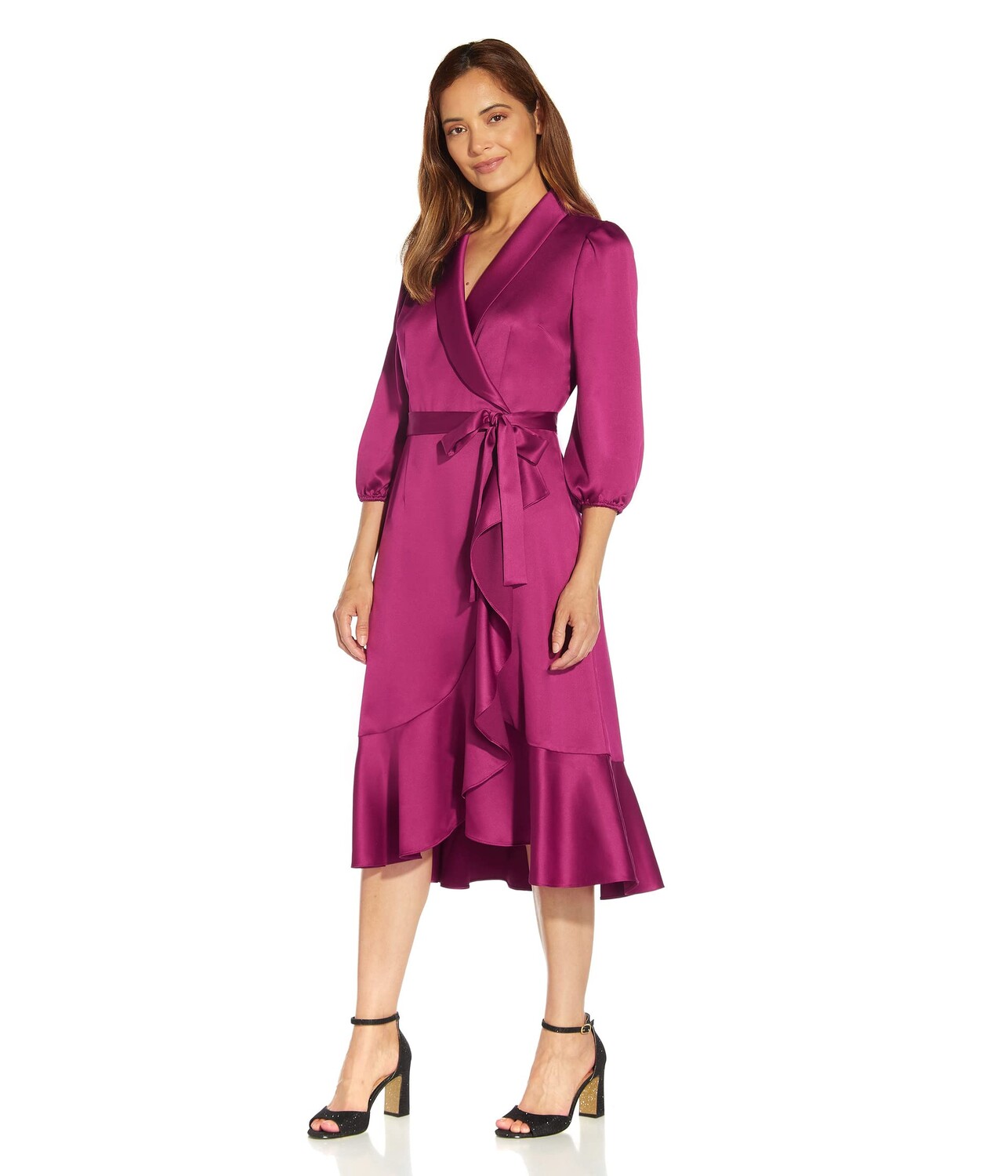 

Платье Adrianna Papell, Satin Crepe Side Tie Wrap Dress with Cascade and Flounce