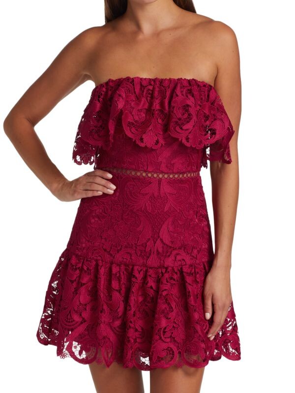 

Кружевное мини-платье ML Monique Lhuillier без бретелек с оборками, красный