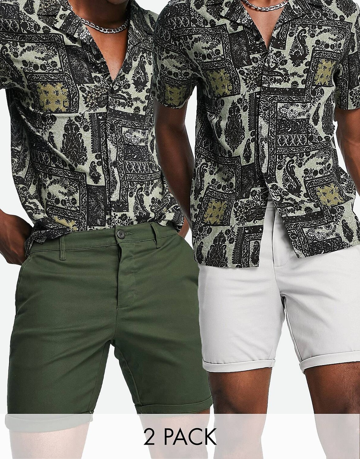 

Комплект из 2 узких шорт чинос темно-хаки и светло-серого цвета ASOS DESIGN