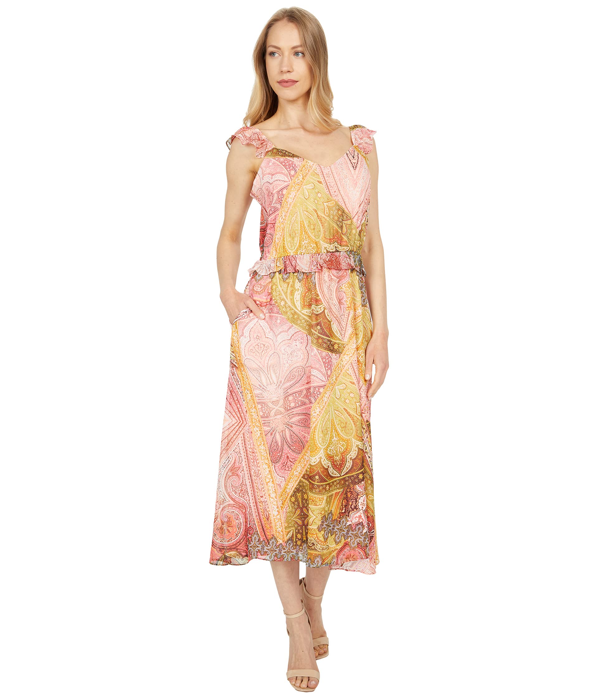 

Платье London Times, Caravan Paisley Printed Chiffon Ruched Waist Midi