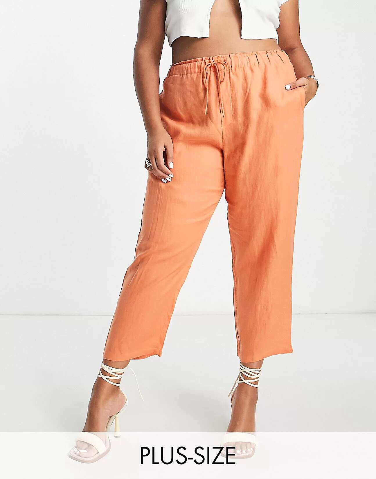 Оранжевые льняные брюки с завязками Mango Curve