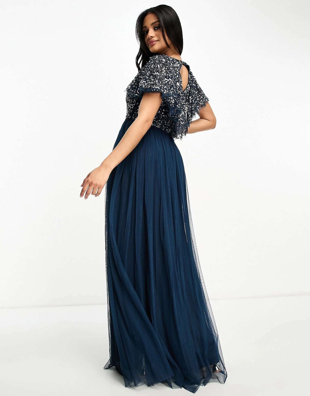 

Темно-синее платье макси с развевающимися деталями Beauut Bridesmaid, Синий