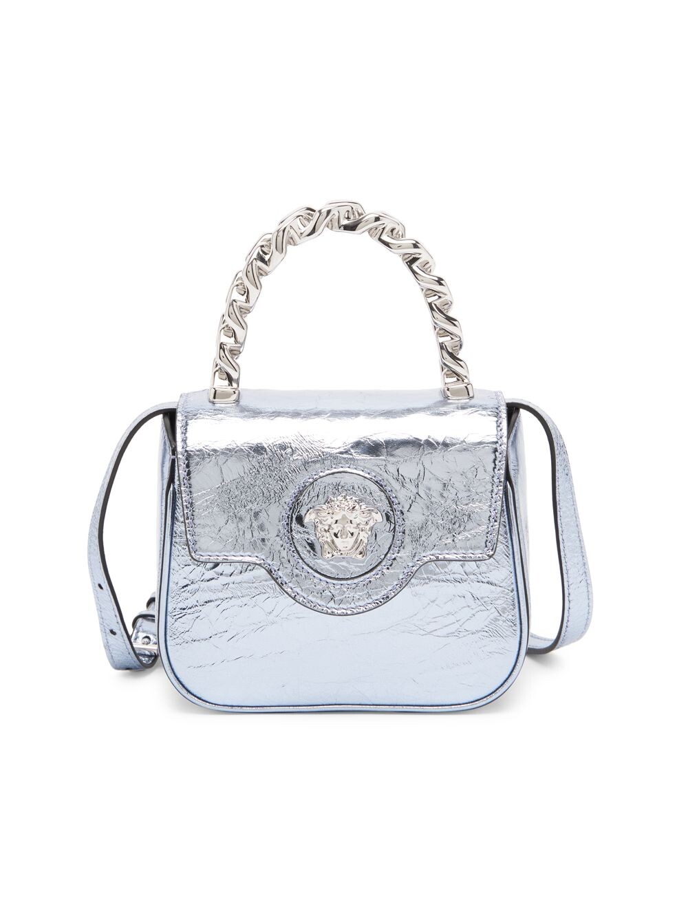 

Сумка La Vacanza Mini Medusa из металлизированной кожи с ручкой сверху Versace