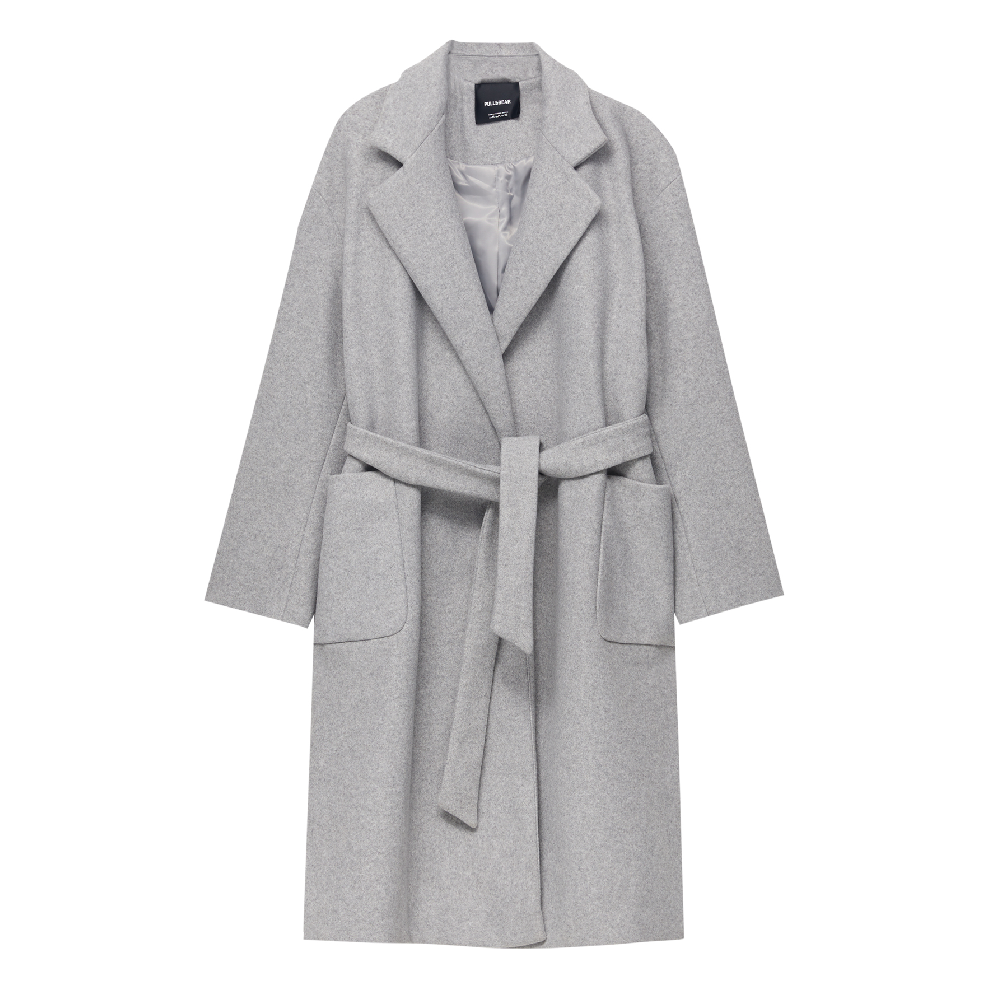 пальто женское длинное с объемными карманами и поясом цвет – молочный Пальто Pull&Bear Long Felt Texture With Belt, серый