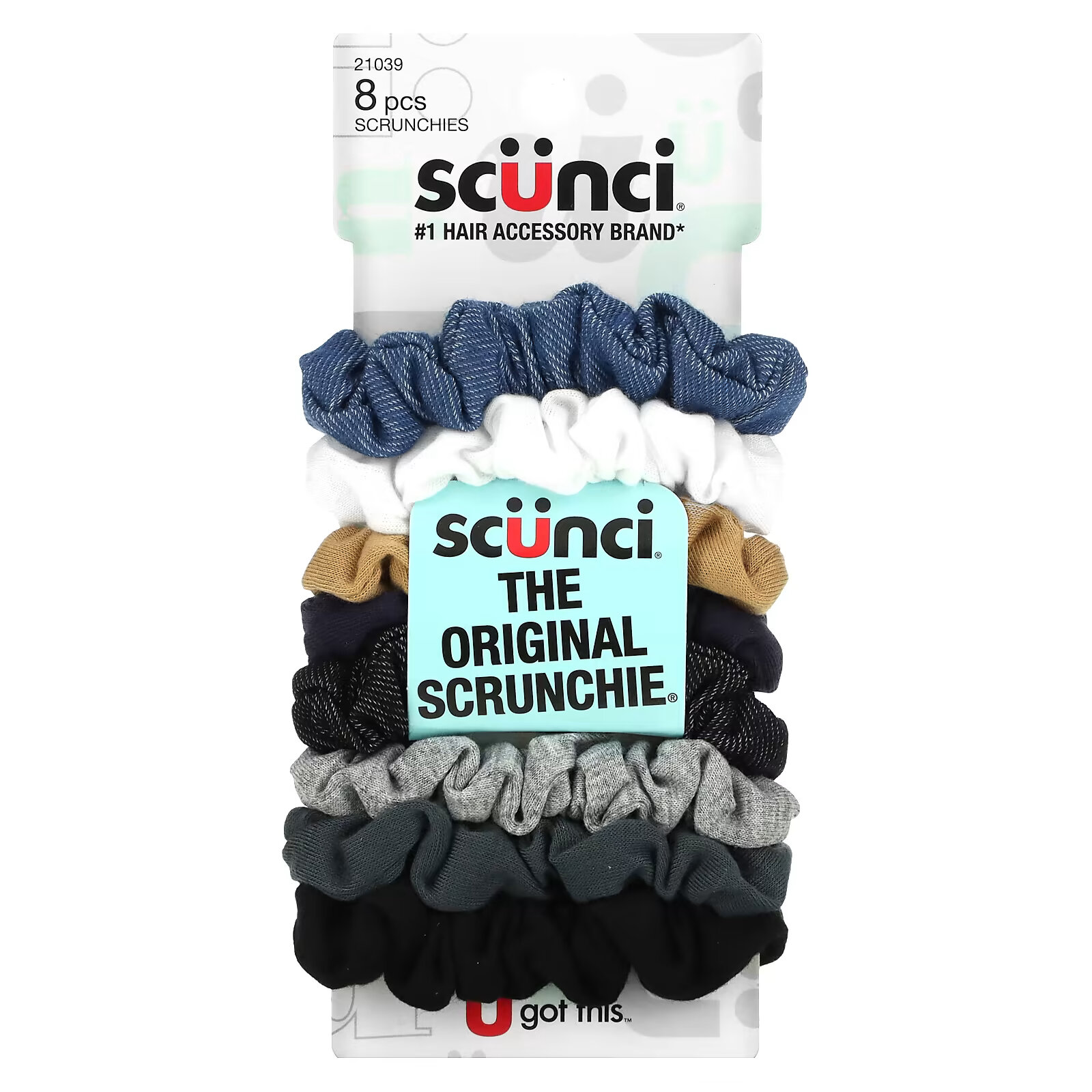 Scunci, Мини-резинки для волос No Damage, Mini Scrunchies, разные цвета (деним), 8 штук scunci повязки для волос разные цвета 5 шт