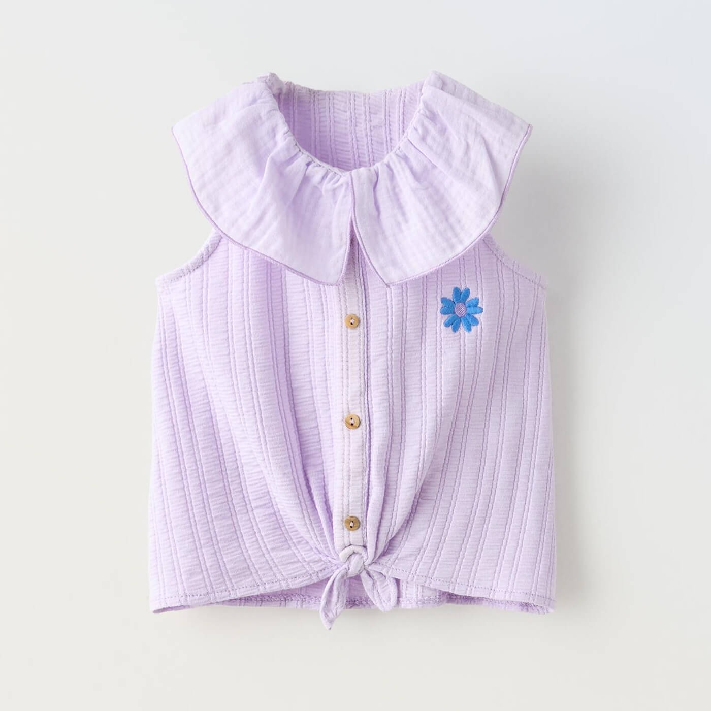 Футболка Zara Ruffled Knotted With Embroidery, сиреневый женская однотонная рубашка с воротником питер пэн с кружевом