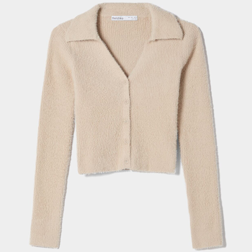 

Кардиган Bershka Button-up Polo Collar, бежевый