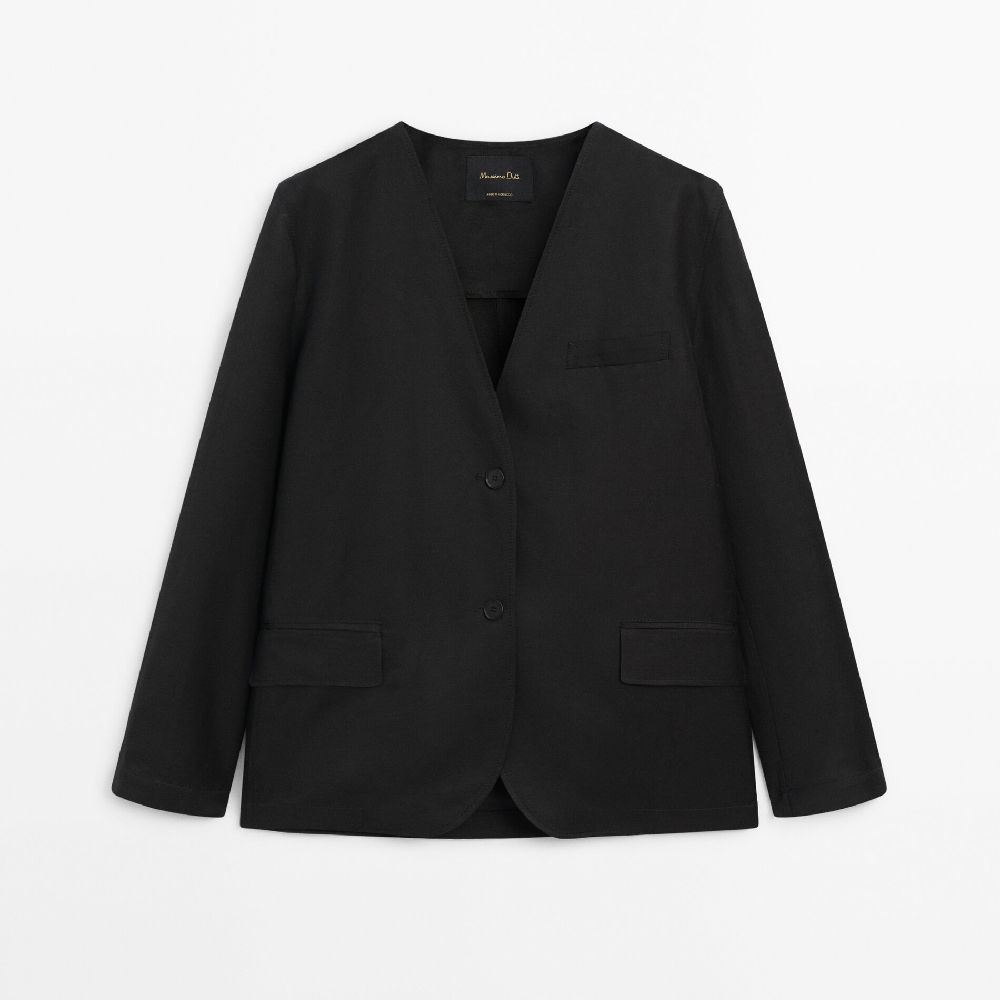 Пиджак Massimo Dutti Lapelless Linen Blend Suit, черный