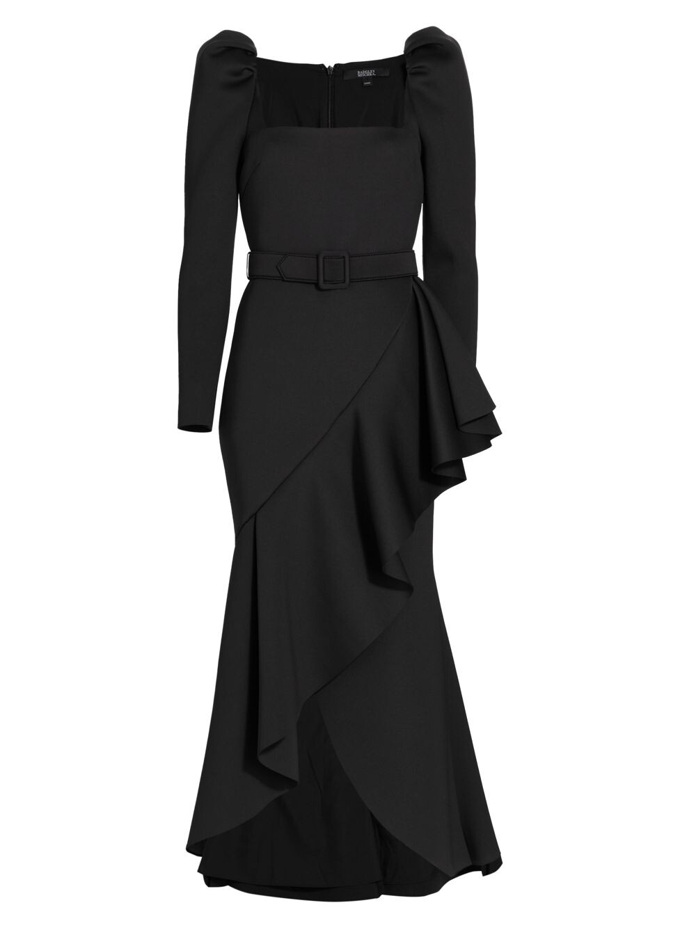 

Трикотажное платье-миди с поясом и оборками Badgley Mischka, черный