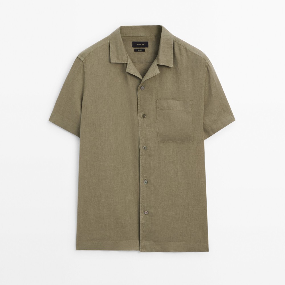 Рубашка Massimo Dutti Slim Fit Short Sleeve Linen, зеленый