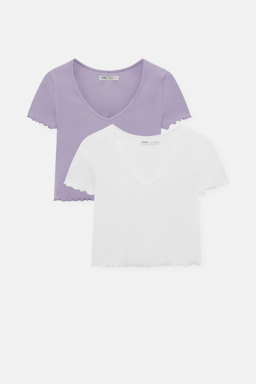 

Набор базовых укороченных топов Pull&Bear с окантовкой по краю салата, лавандовый/белый
