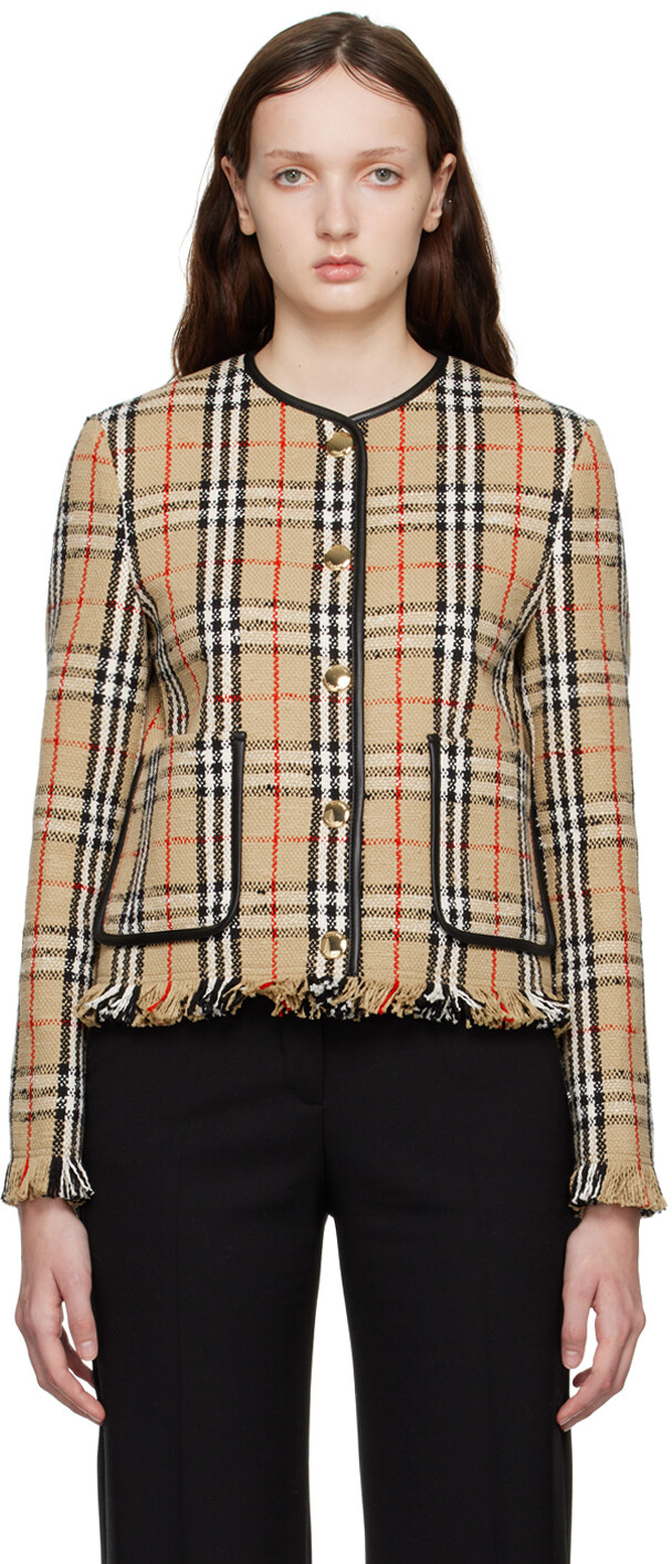 

Бежевая куртка без воротника в винтажную клетку Burberry, Бежевый