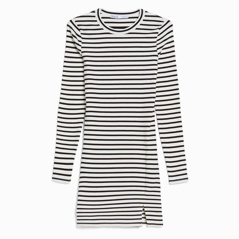 

Платье Bershka Ribbed Long Sleeve Ribbed Mini, белый/черный