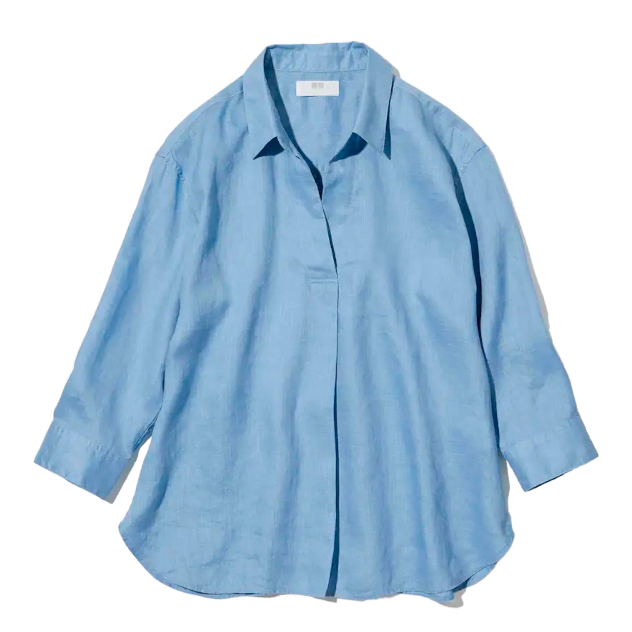 Рубашка Uniqlo Premium Linen Skipper Collar 3/4 Sleeved, голубой рубашка uniqlo 100% linen skipper collar 3 4 sleeve светло фиолетовый
