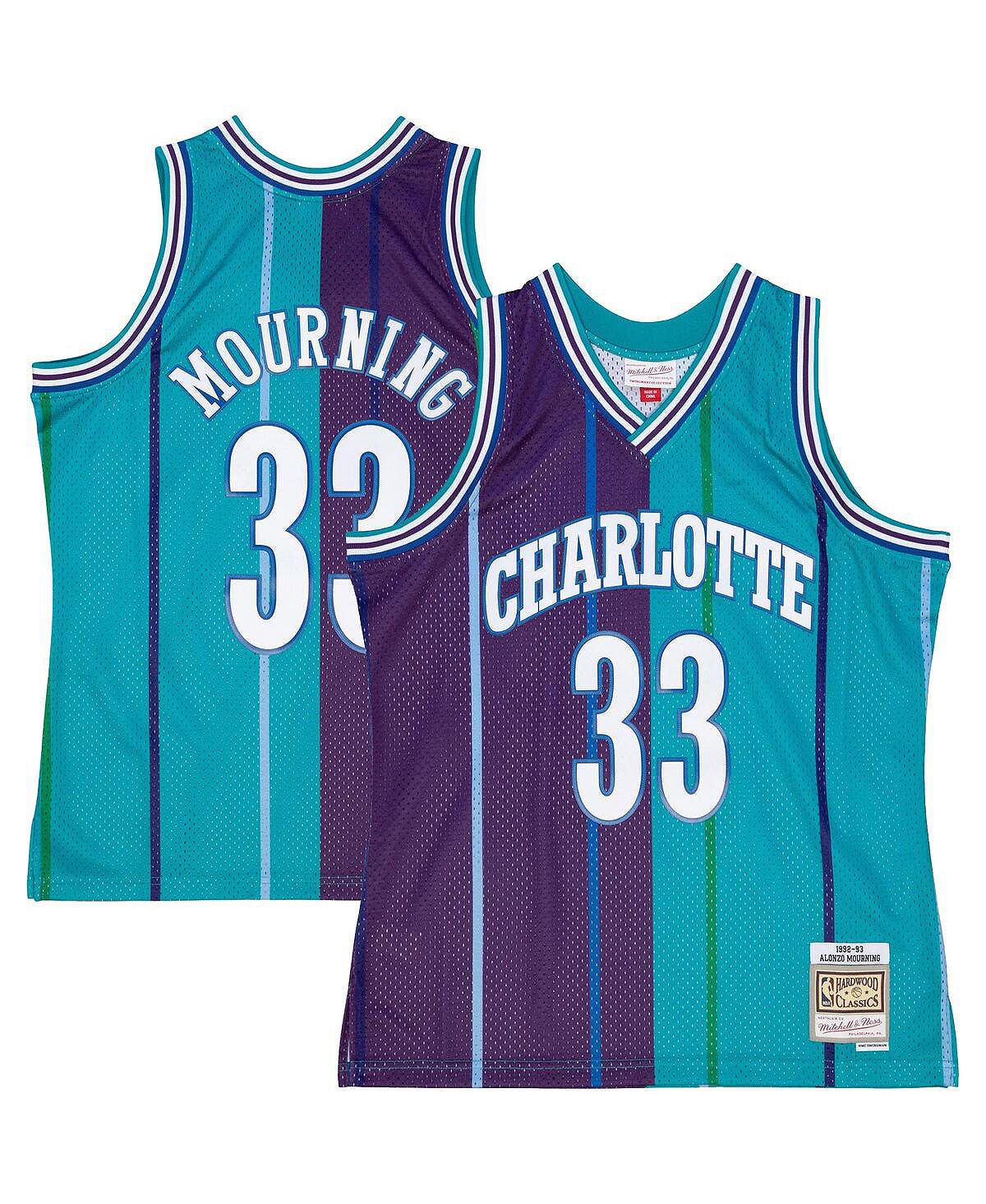 Мужская футболка alonzo mourning teal, purple charlotte hornets hardwood classics 1992-93 split swingman jersey Mitchell & Ness, мульти
