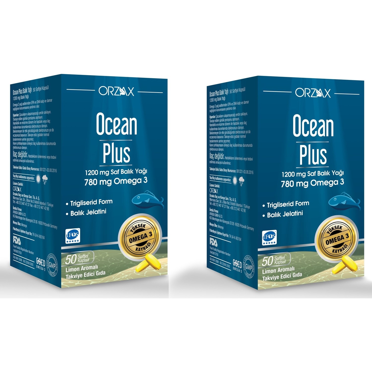 Омега-3 Ocean Plus 1200 мг, 2 упаковки по 50 капсул рыбий жир омега 3 со вкусом лимона 1000 мг 60 капсул