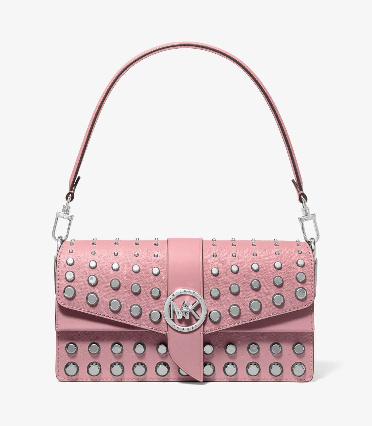

Сумка Michael Michael Kors Greenwich Medium Studded Saffiano Leather Shoulder, пастельный розовый