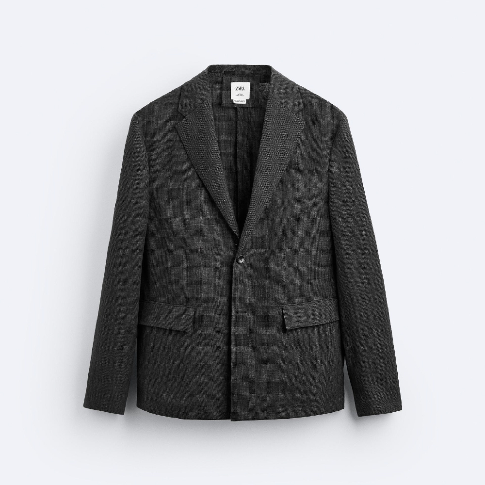 Пиджак Zara 100% Linen Houndstooth Suit, темно-серый
