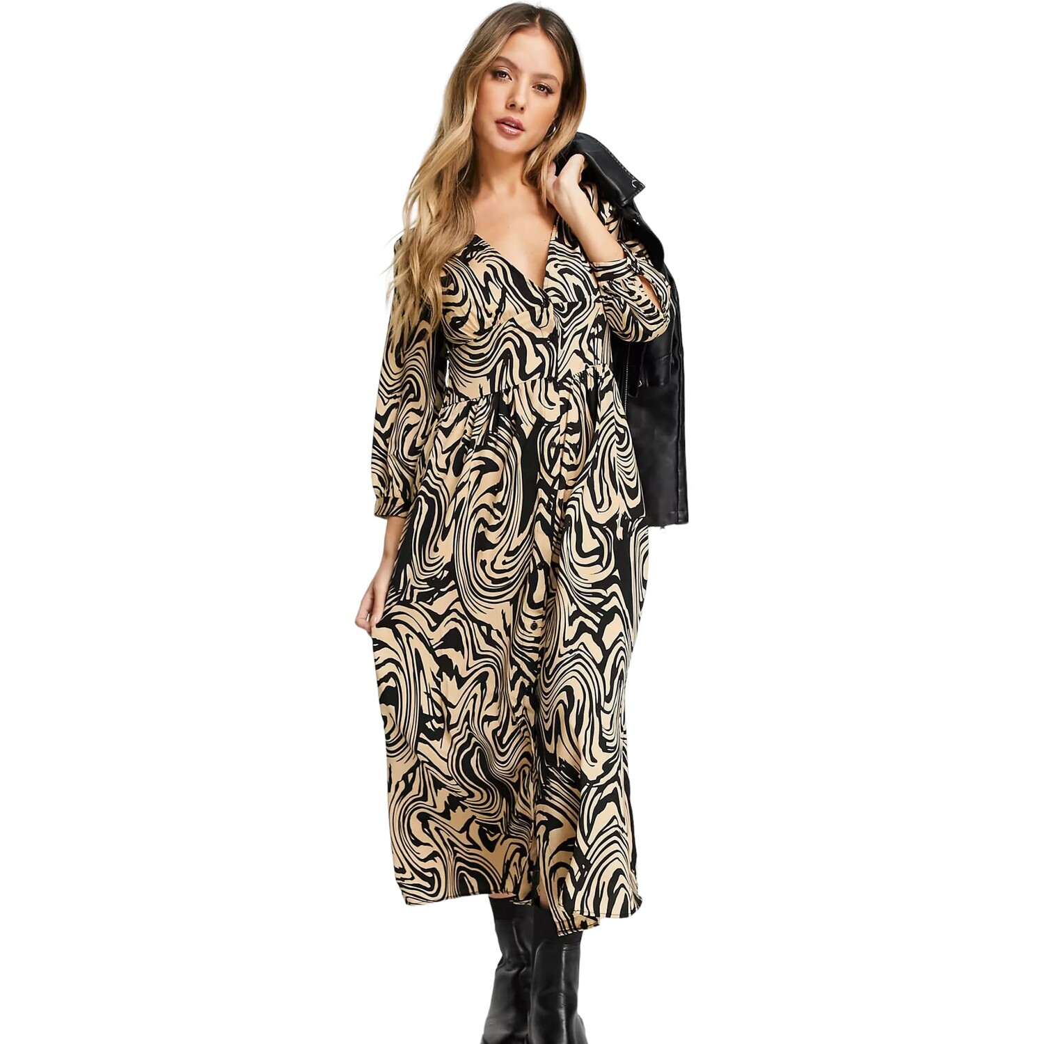 

Платье Stradivarius Midi Satin Swirl Print, кремовый/черный