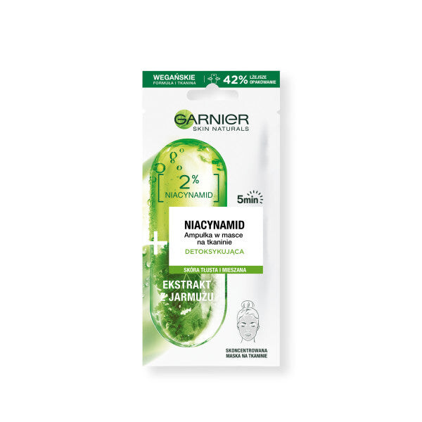 

Garnier Niacinamide Ampoule Sheet Mask детоксицирующая ампула в тканевой маске с витамином В3 и экстрактом капусты 15г
