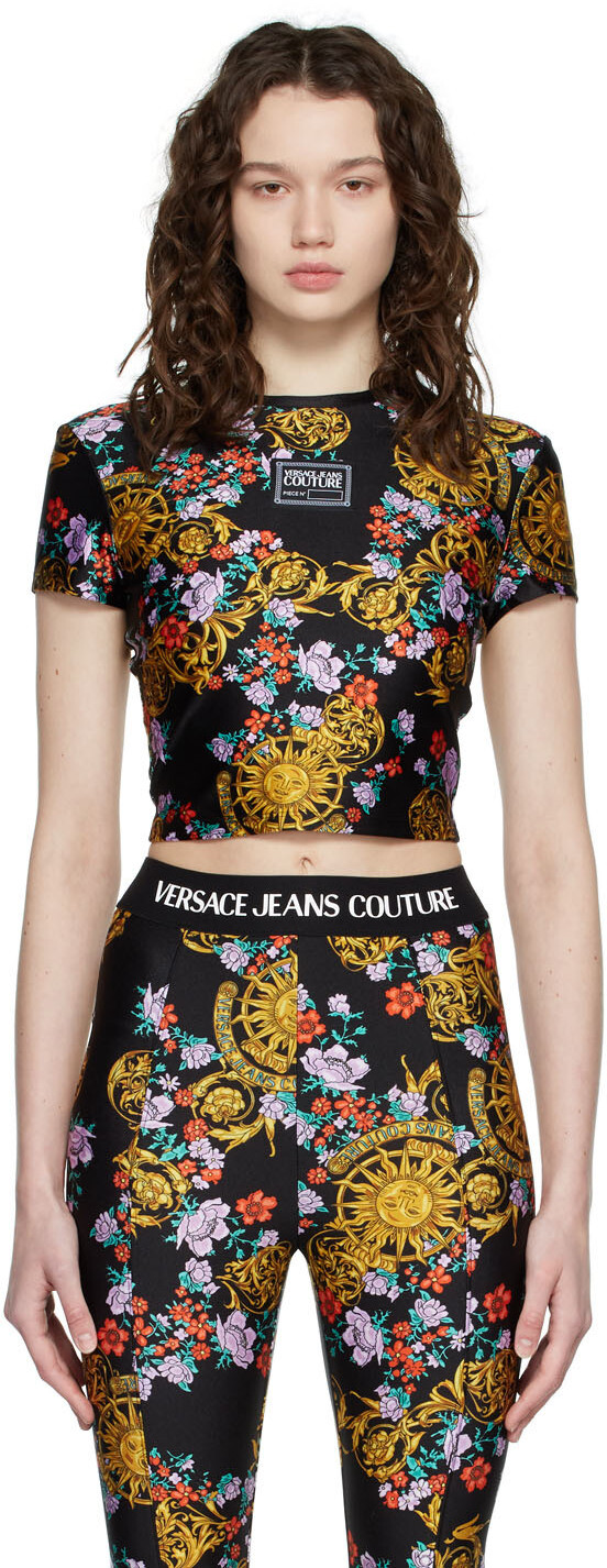 

Черная футболка с гирляндой подсолнухов Versace Jeans Couture