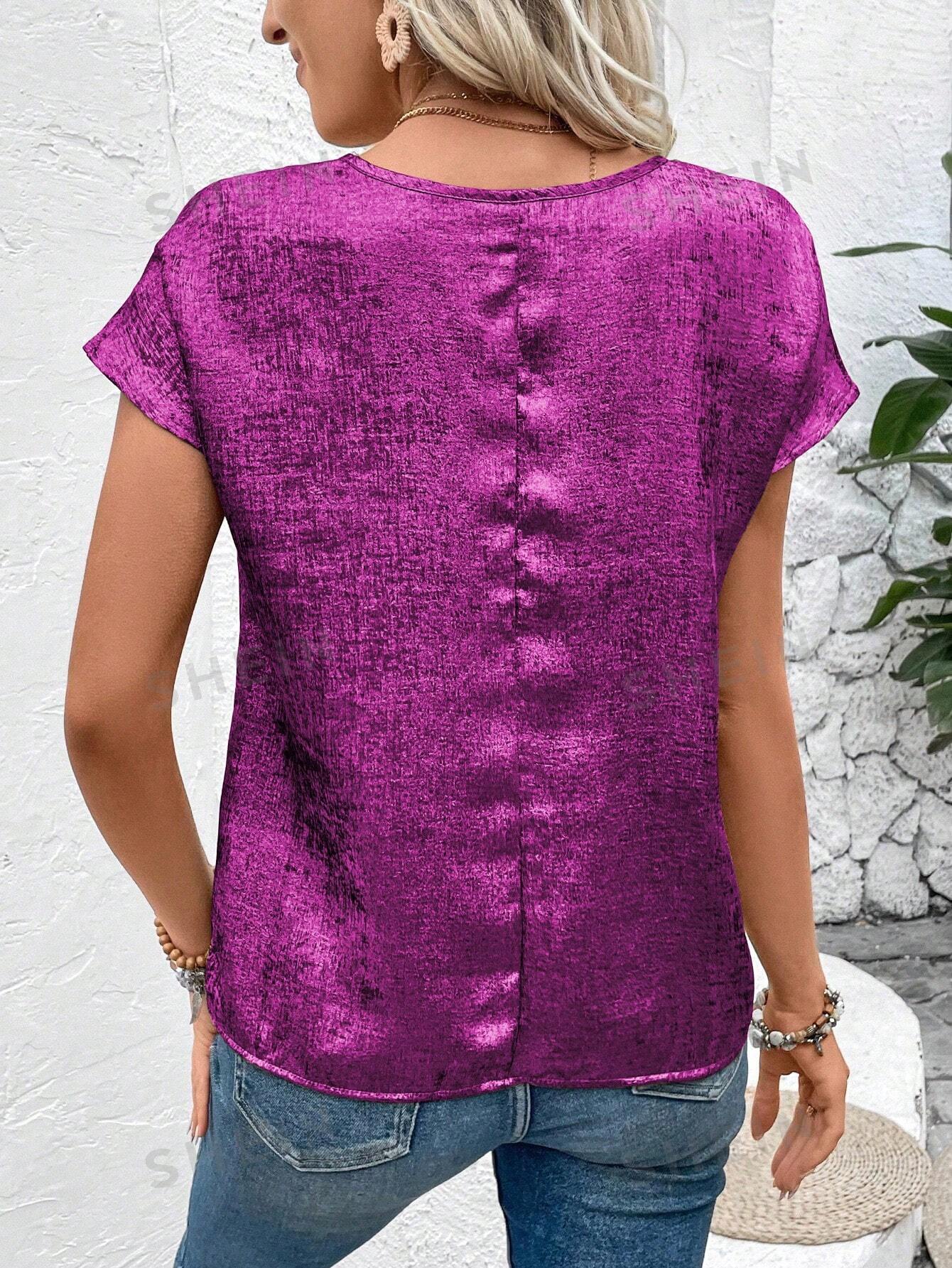 цена SHEIN LUNE Женская блестящая рубашка с рукавами «летучая мышь», ярко-розовый