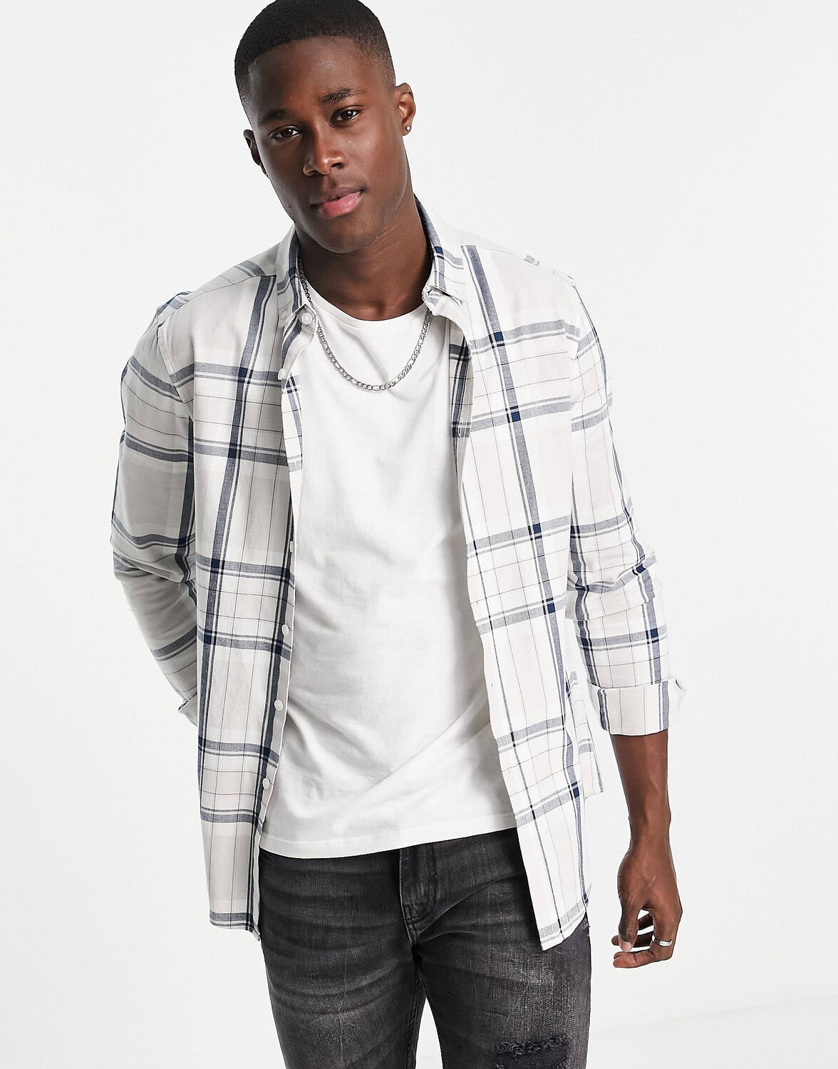 

Серая рубашка узкого кроя в клетку ASOS DESIGN