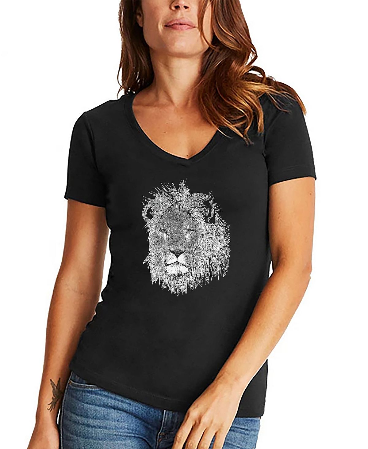 Женская футболка word art lion с v-образным вырезом LA Pop Art, черный