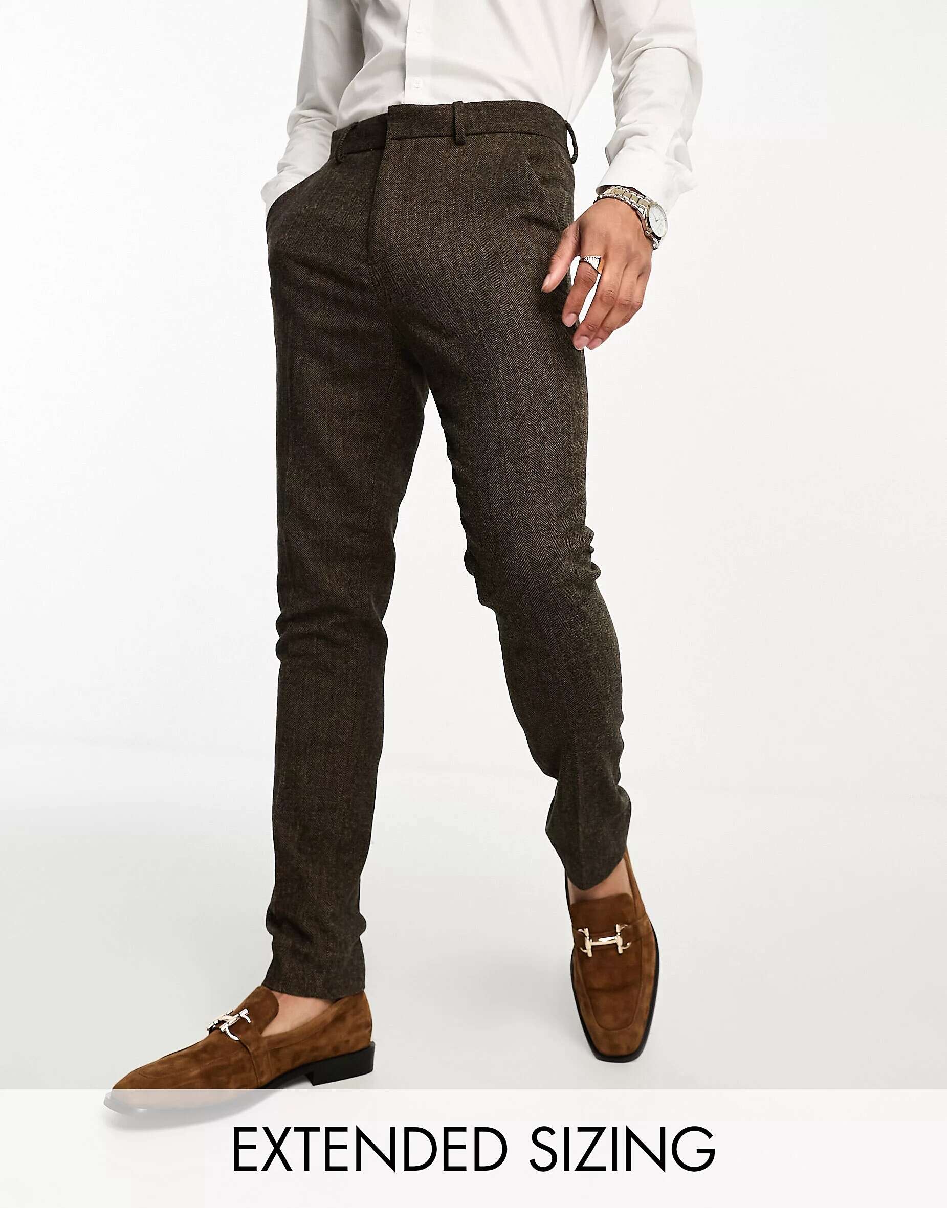Табачные брюки-скинни из смесовой шерсти ASOS с узором «елочка»