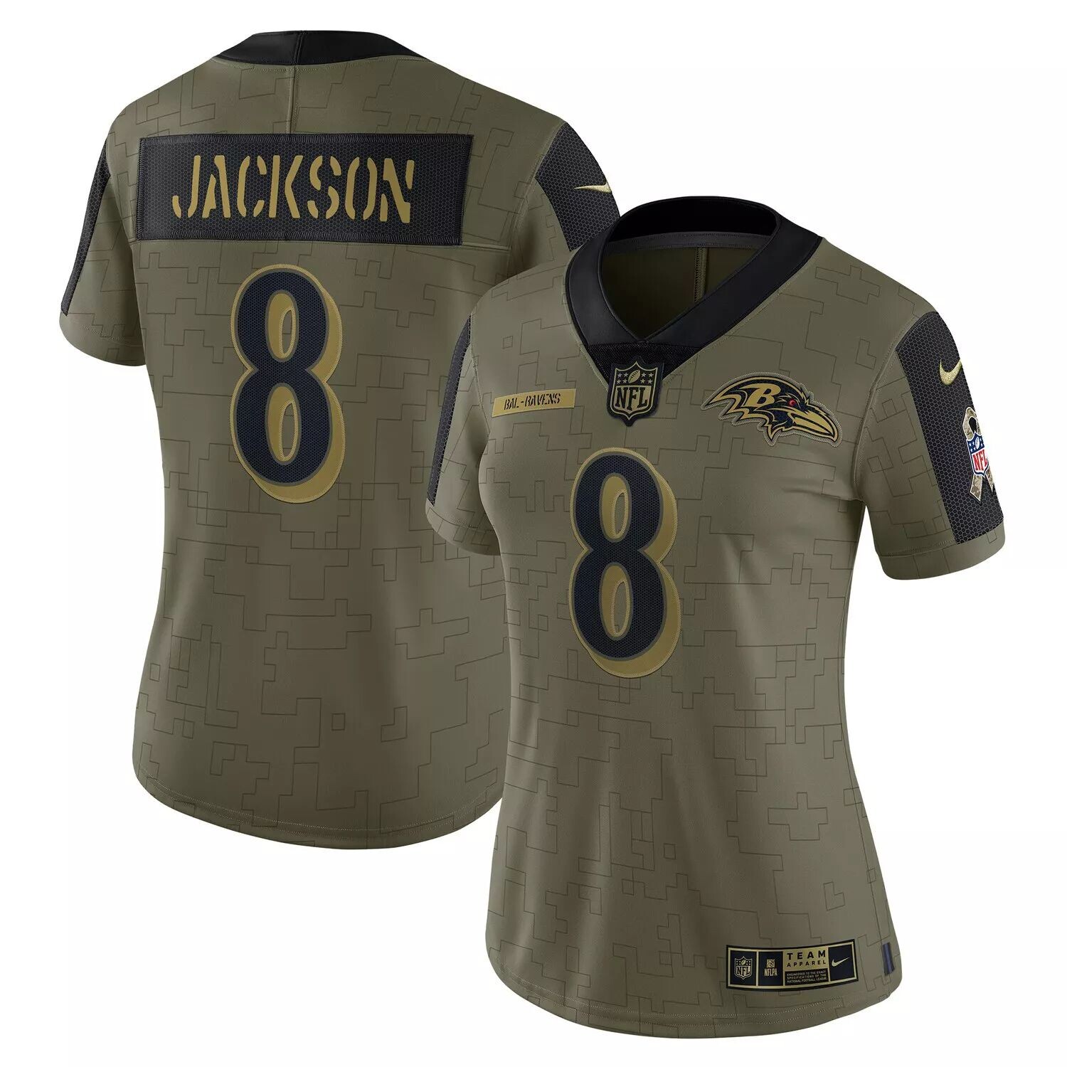 

Женское джерси Nike Lamar Jackson Olive Baltimore Ravens 2021 Salute To Service Limited Player Nike