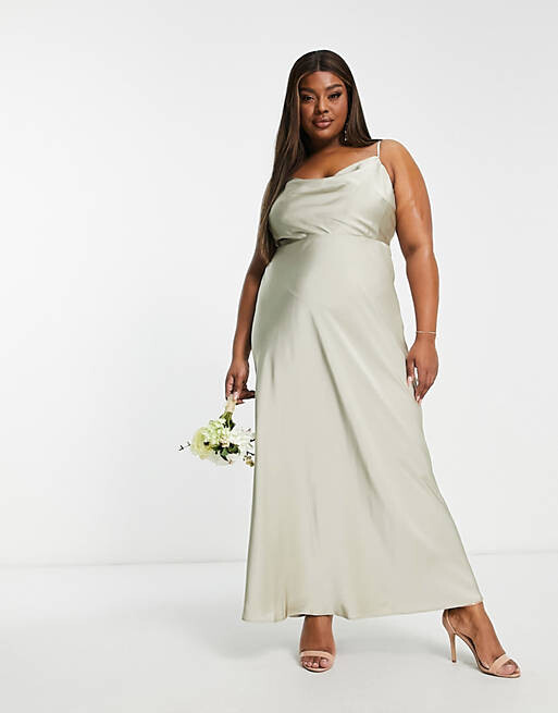 

Атласное платье макси с воротником-хомутом и пышной юбкой ASOS EDITION Curve шалфеевого цвета