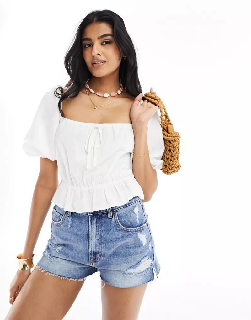 

Белая льняная повседневная блузка с объемными рукавами ASOS